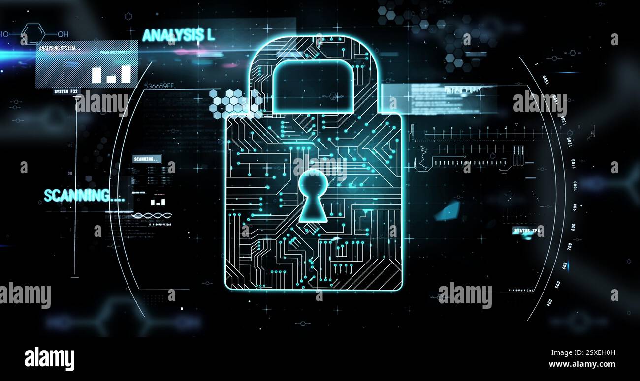 Digital lock and data encryption image over cybersecurity interface Stock Photo