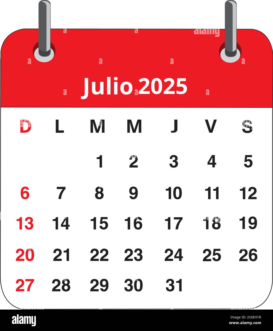 Julio 2025 calendar page isolated on a white background (trad. July ...