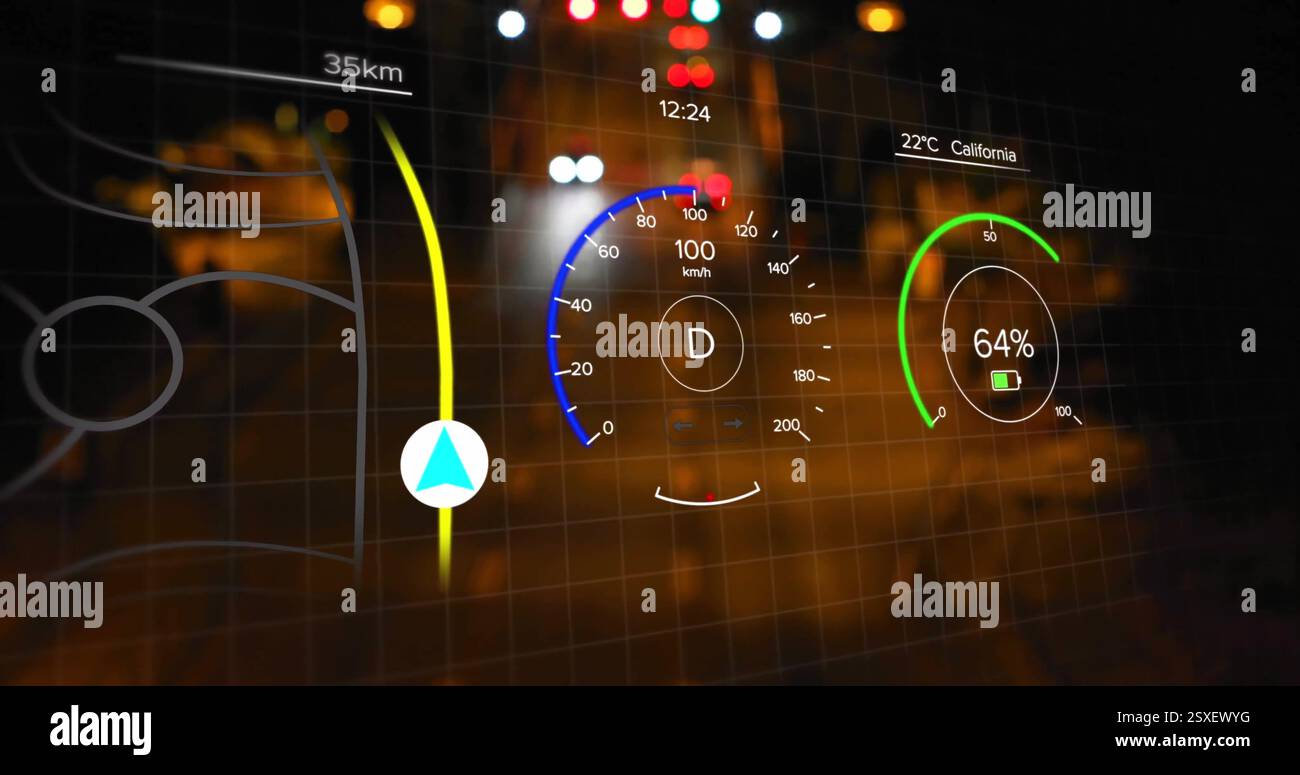 Speedometer and navigation data image over night city street Stock Photo