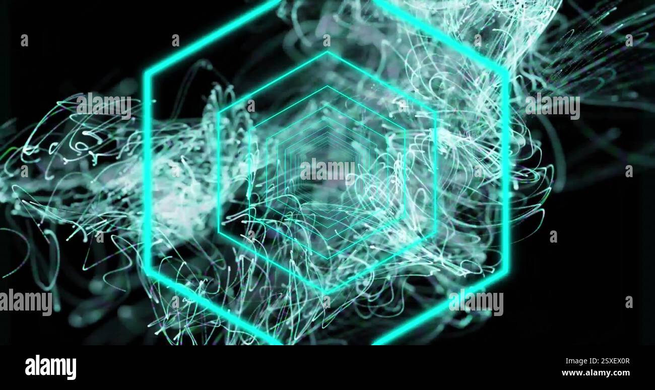 Image of hexagons and green glowing light trails moving over black ...