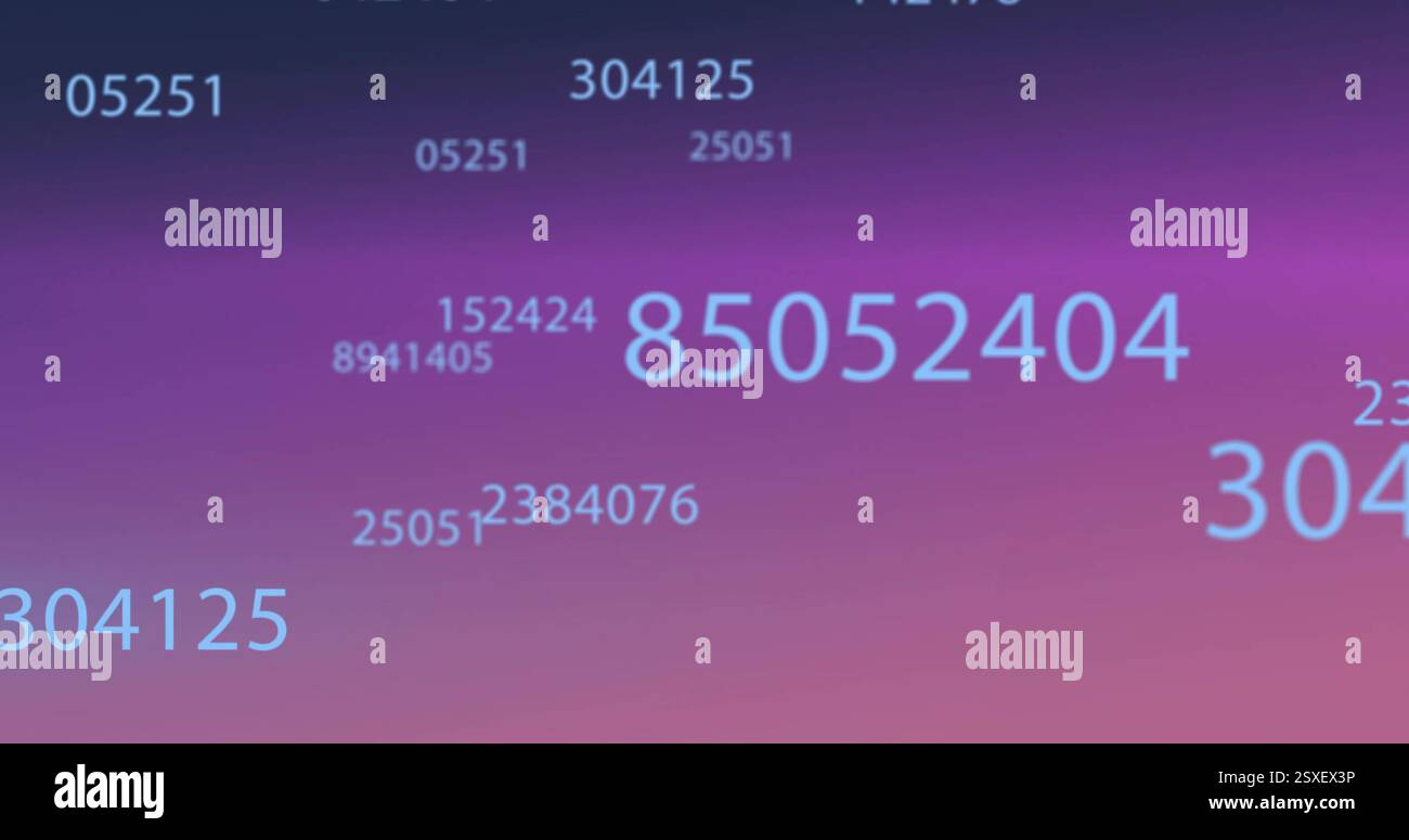 Image of data processing and light trails moving on purple background Stock Photo