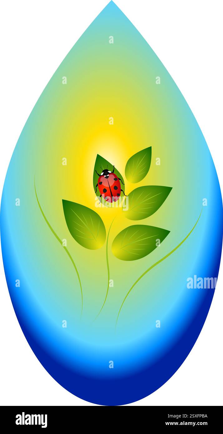 Ladybug on a leaf in a drop. Stock Vector