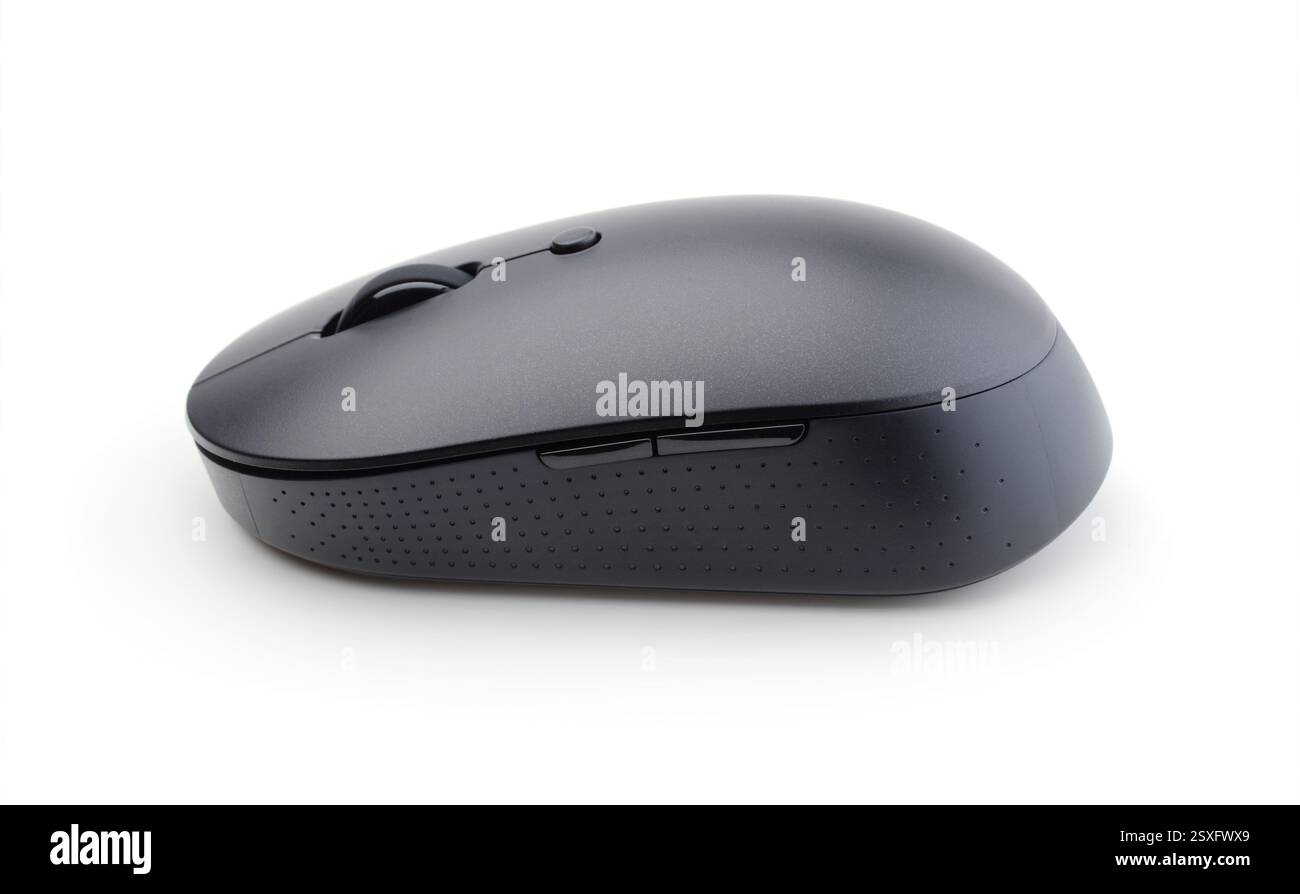 New black wireless modern computer mouse isolated on white. Stock Photo
