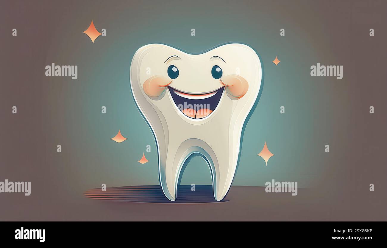 A cheerful cartoon tooth character with a big smile highlights the ...