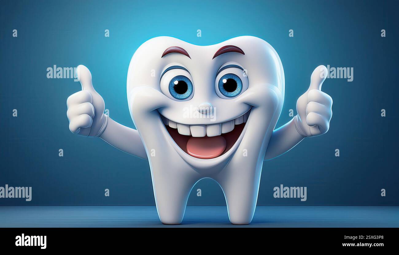 A cheerful cartoon tooth character smiling widely and giving thumbs up ...