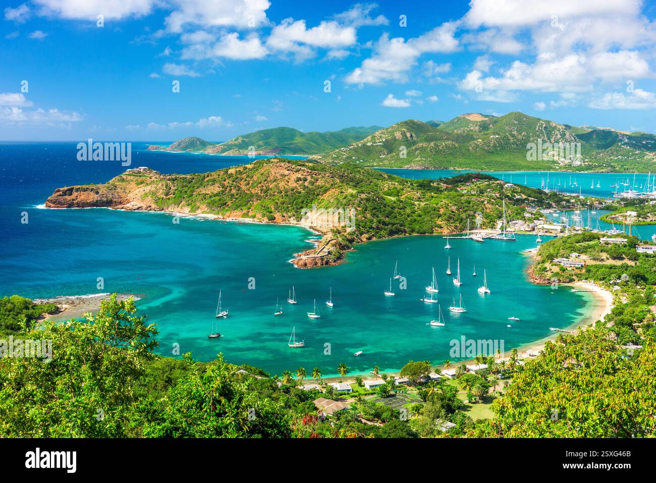 Shirley Heights, Antigua overlooking English Harbour viewed on a beautiful day. Stock Photo