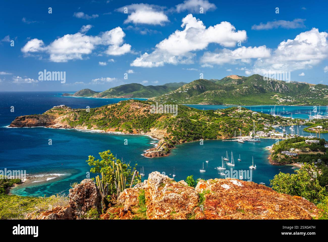 Shirley Heights, Antigua overlooking English Harbour viewed on a beautiful day. Stock Photo