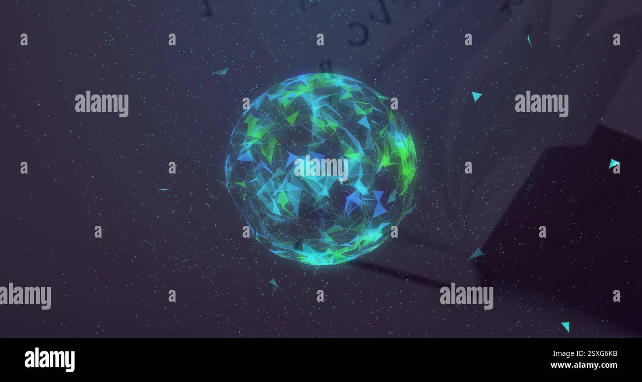 Rotating globe with triangular particles image over dark background ...
