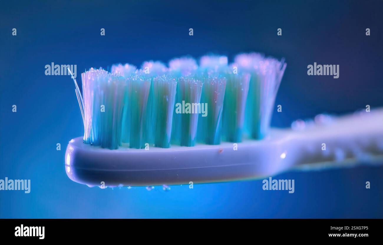 A detailed view of a toothbrush showcases vibrant bristles, emphasizing ...