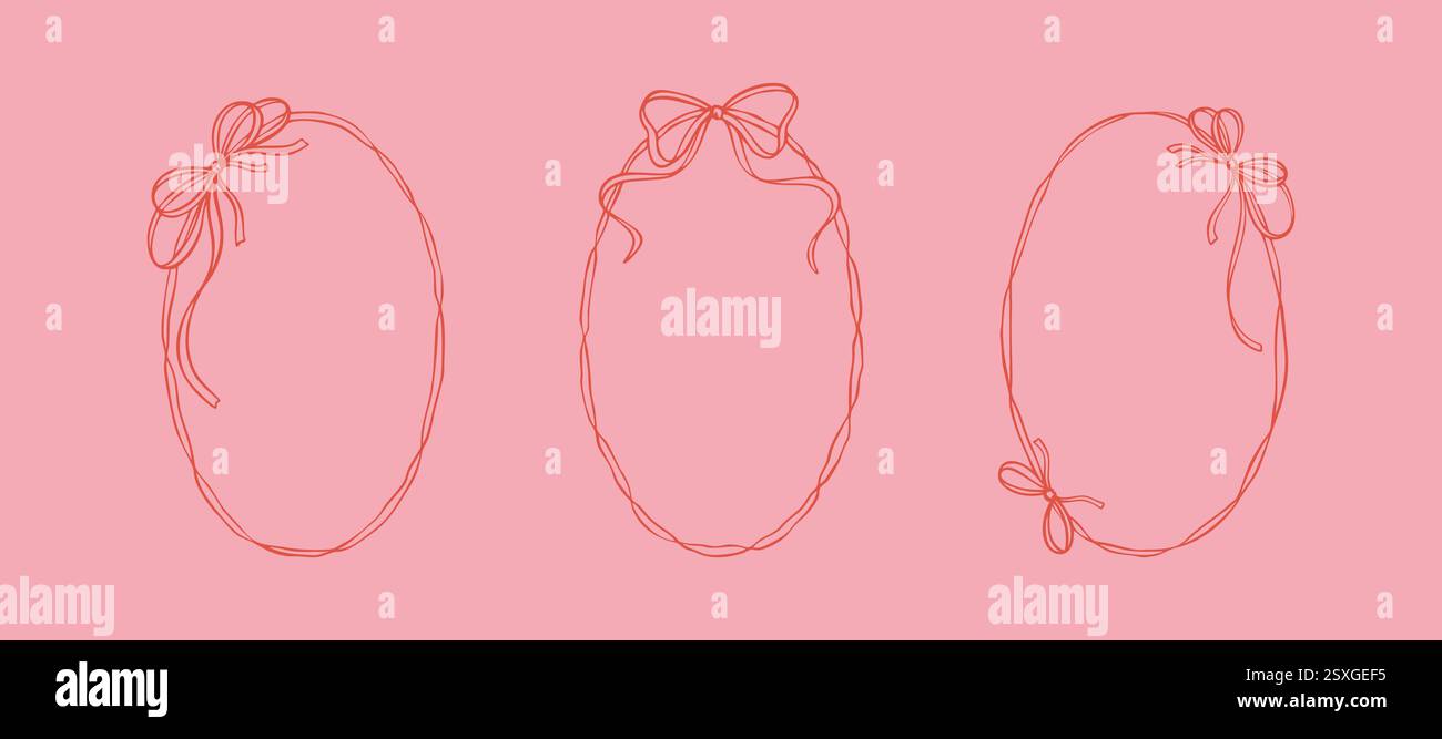 Set of oval elegant bow ribbon frames. Coquettish hand drawn doodle ...