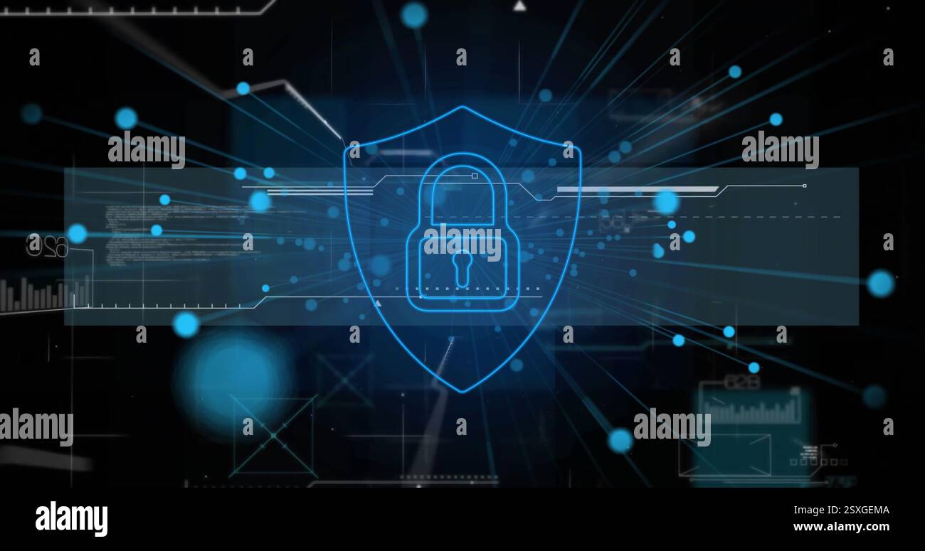 Image of network of connections over data processing and padlock with ...