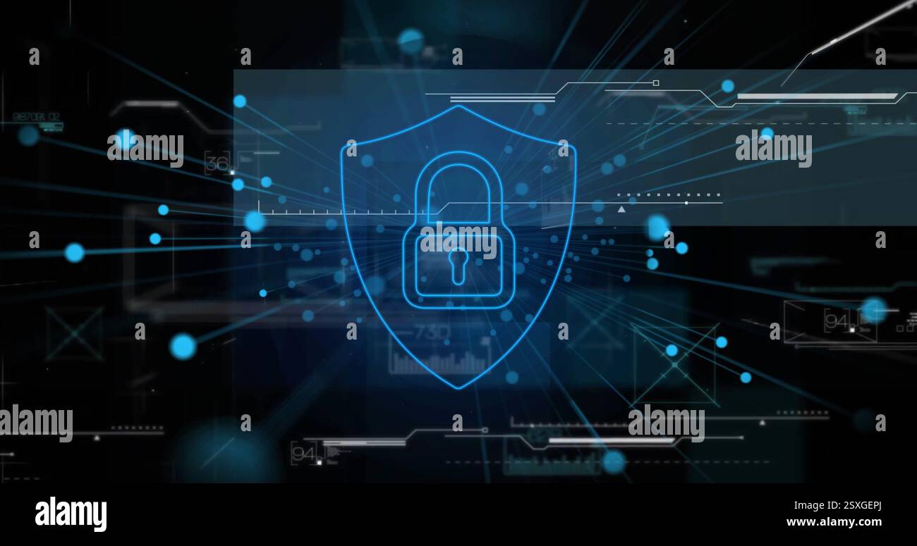 Image of network of connections over data processing and padlock with shield Stock Photo