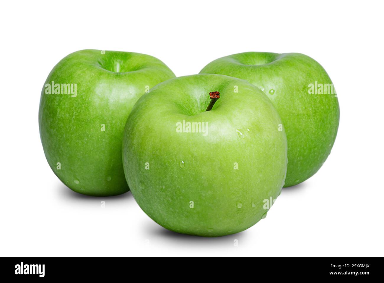Three green apples with water drops isolated on white Stock Photo