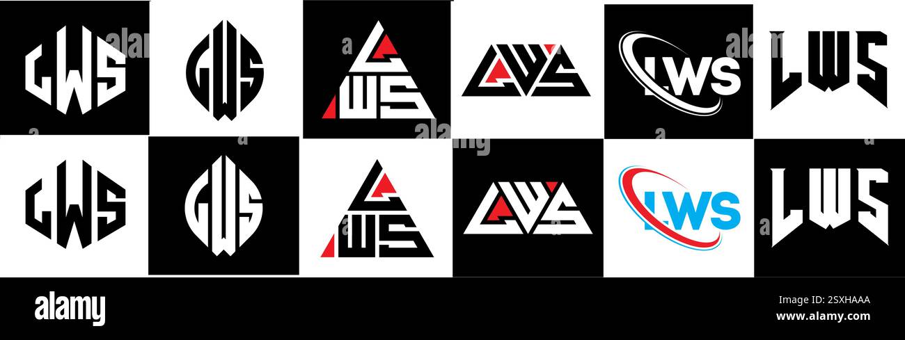 LWS letter logo design in six style. LWS polygon, circle, triangle, hexagon, flat and simple style with black and white color variation letter logo se Stock Vector