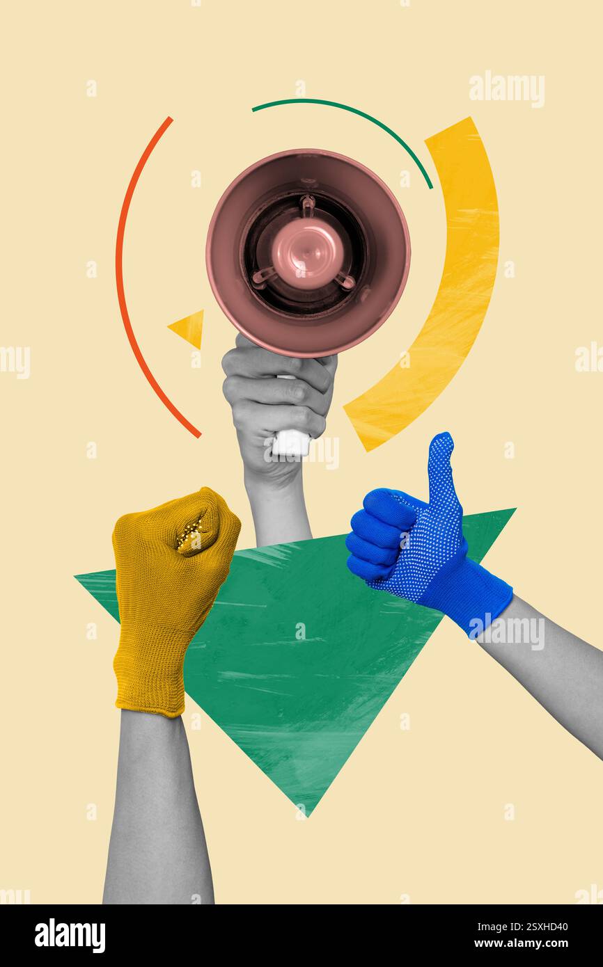 Promoting Vertical Image Exclusive image vertical photo collage of hands hold megaphone ...