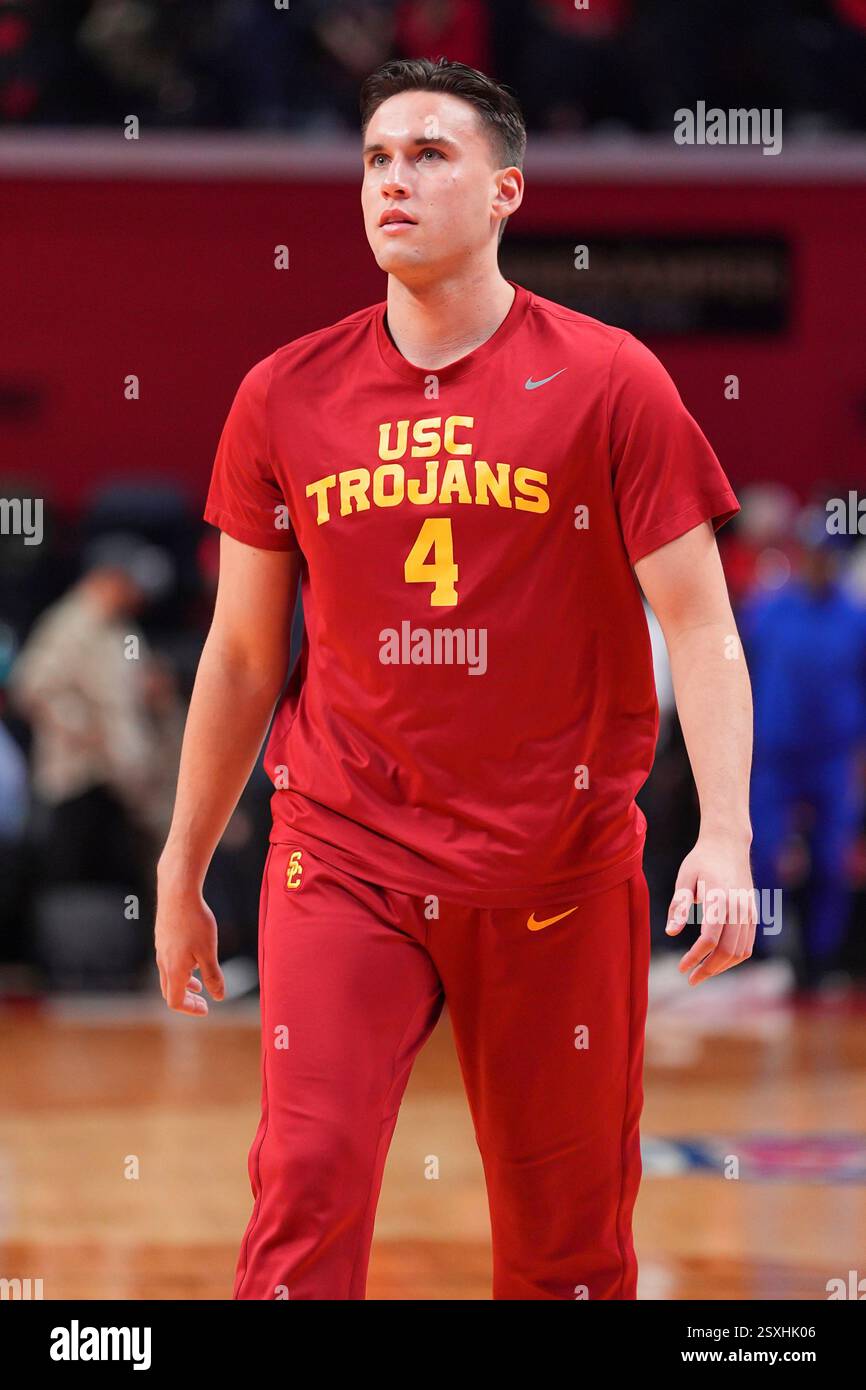 PISCATAWAY, NJ - FEBRUARY 23: Bryce Pope #4 of the USC Trojans warms up ...