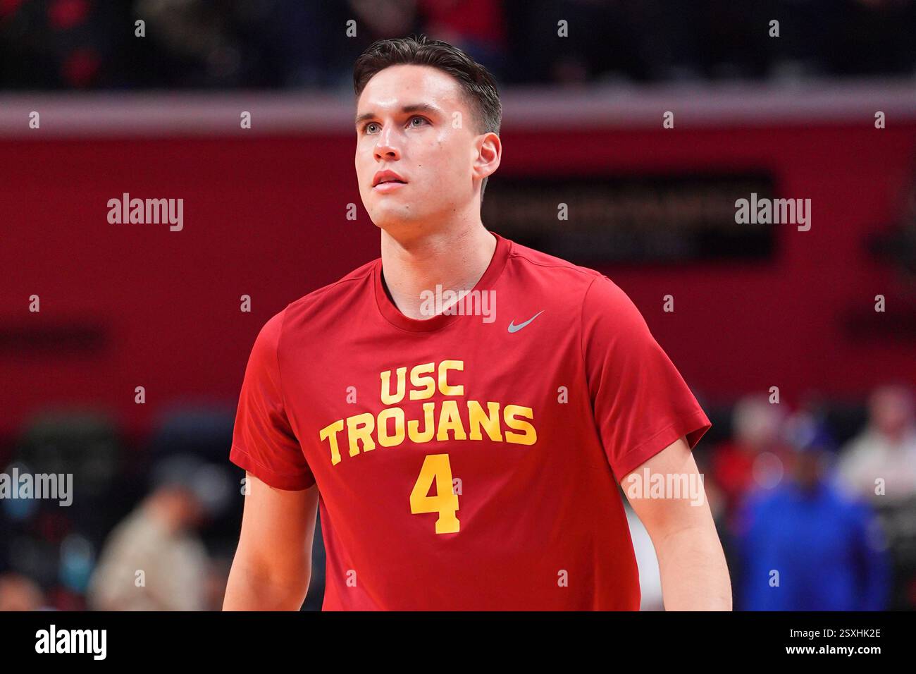 PISCATAWAY, NJ - FEBRUARY 23: Bryce Pope #4 of the USC Trojans warms up ...