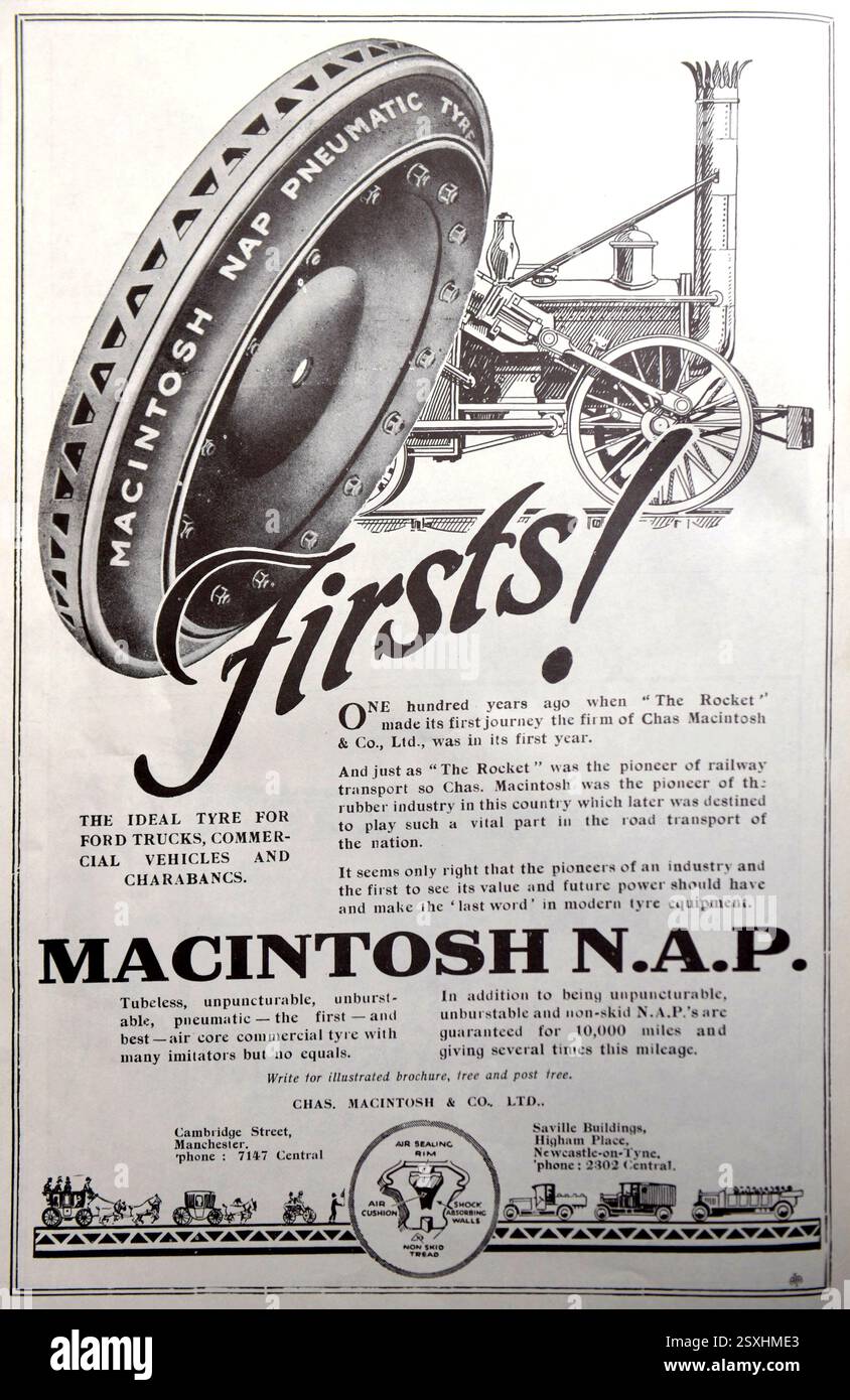 Vintage advert for Macintosh N.A.P. commercial lorry and bus tyres, 1925 Stock Photo