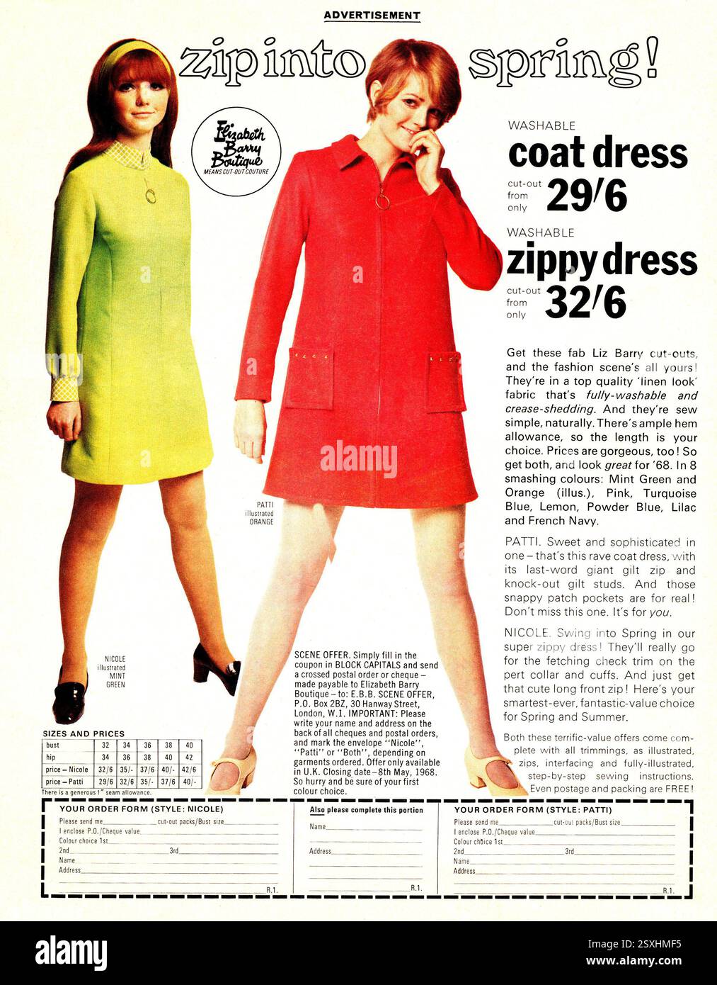 Vintage advert for Elizabeth Barry womens coat dress and zippy dress, in RAVE! Magazine, March 1968 Stock Photo
