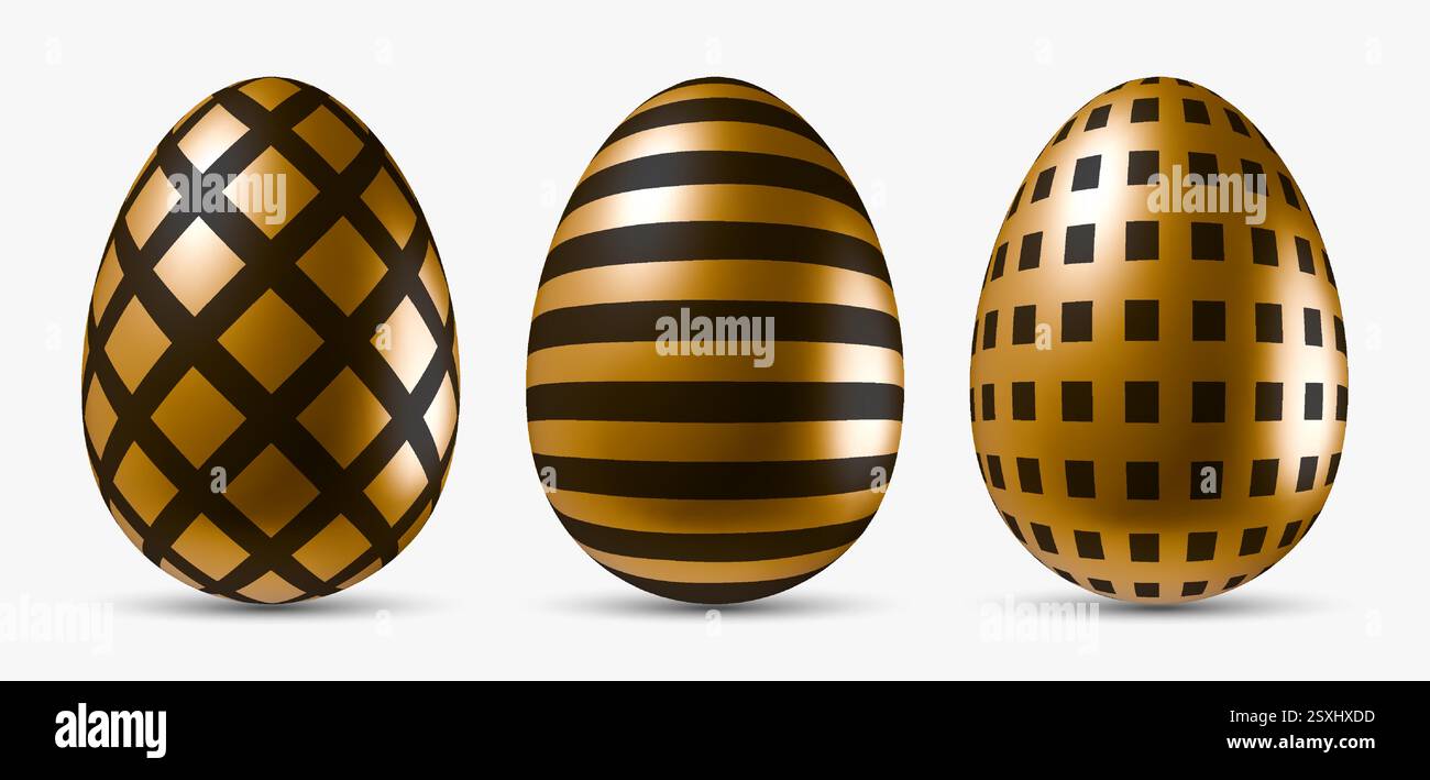 Golden Easter eggs with black patterns in different designs. Vector egg objects isolated on white Stock Vector