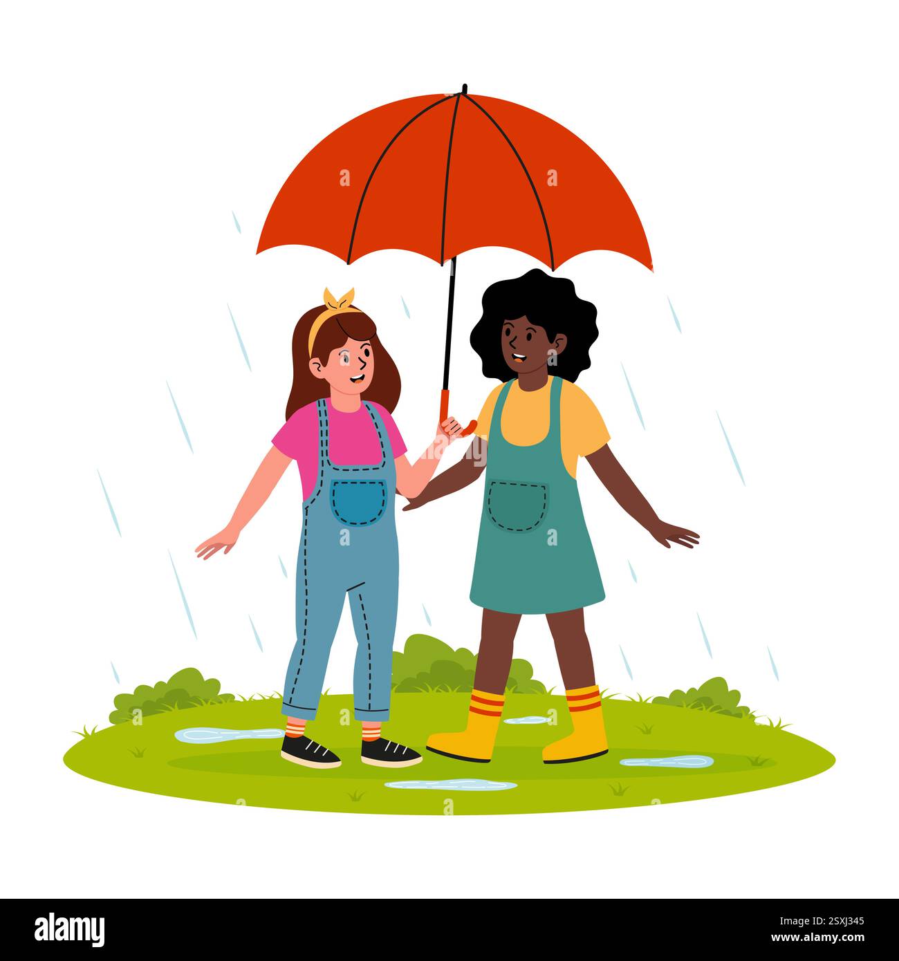 Friends enjoy a rainy day while sharing an umbrella in a green 