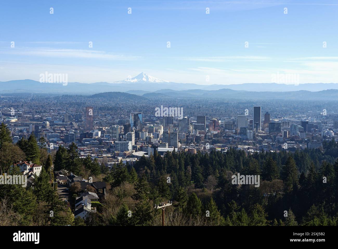 A view of Portland, Oregon with Mount Hood in the background. Stock Photo