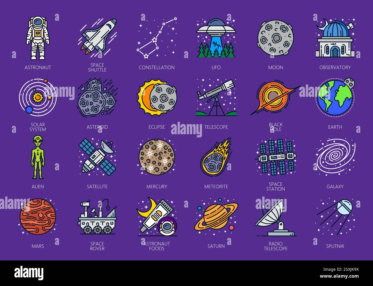 Color line galaxy space icons. Vector astronaut, space shuttle ...