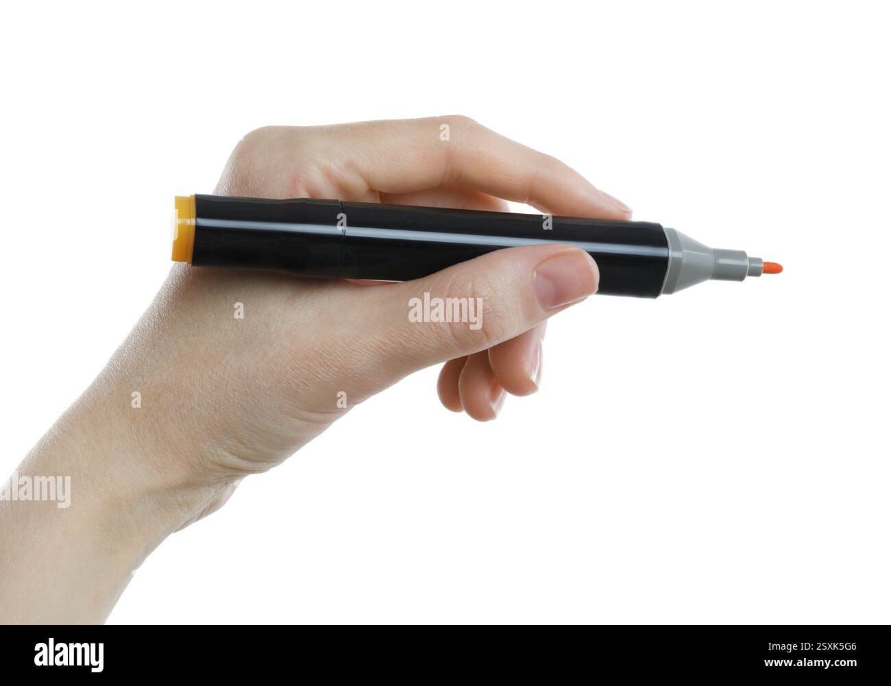 Woman with double sided marker on white background, closeup Stock Photo