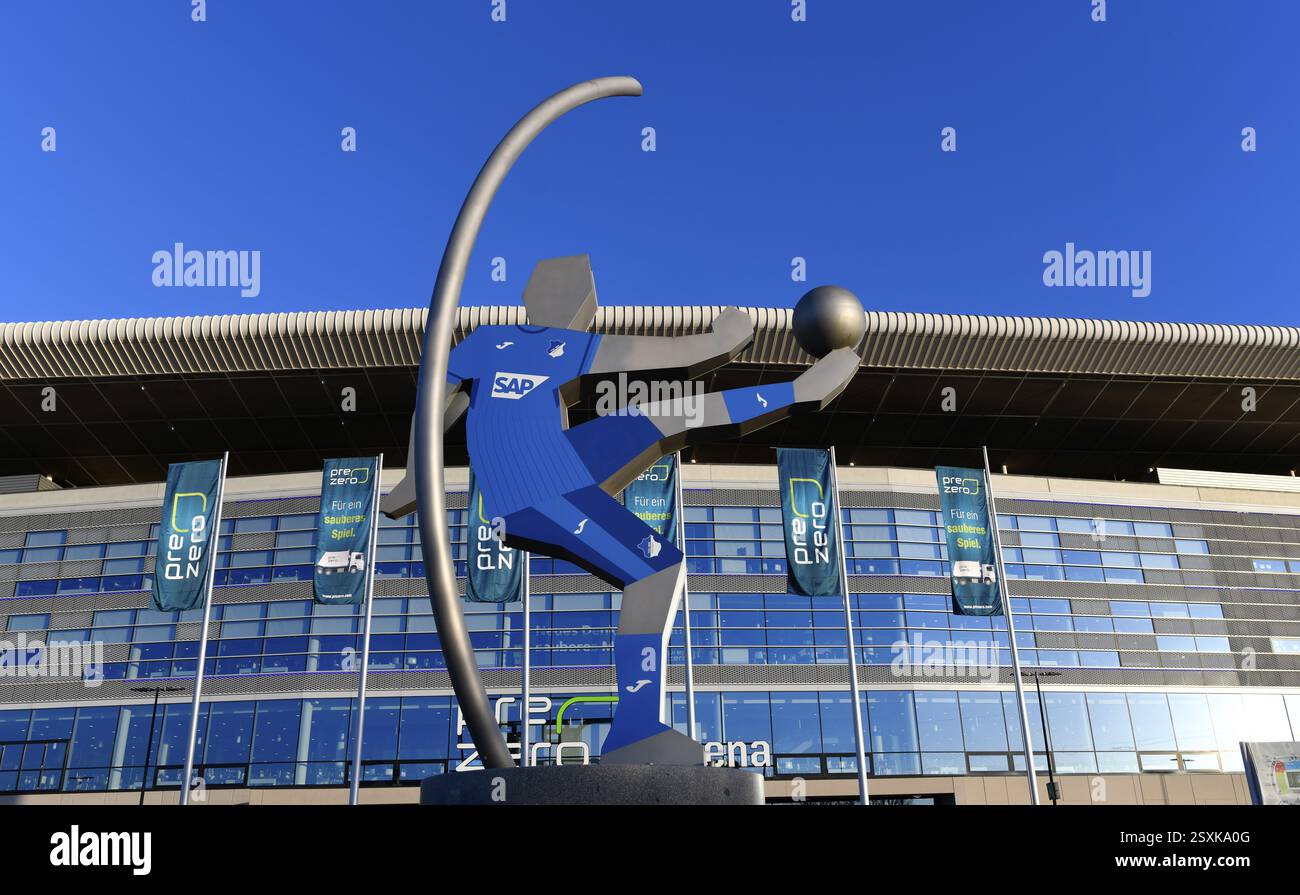 Exterior shot, statue, rotating football player with SAP advert on shirt, glass front, logo, main stand, PreZero Arena, Sinsheim, Baden-Wuerttemberg, Stock Photo