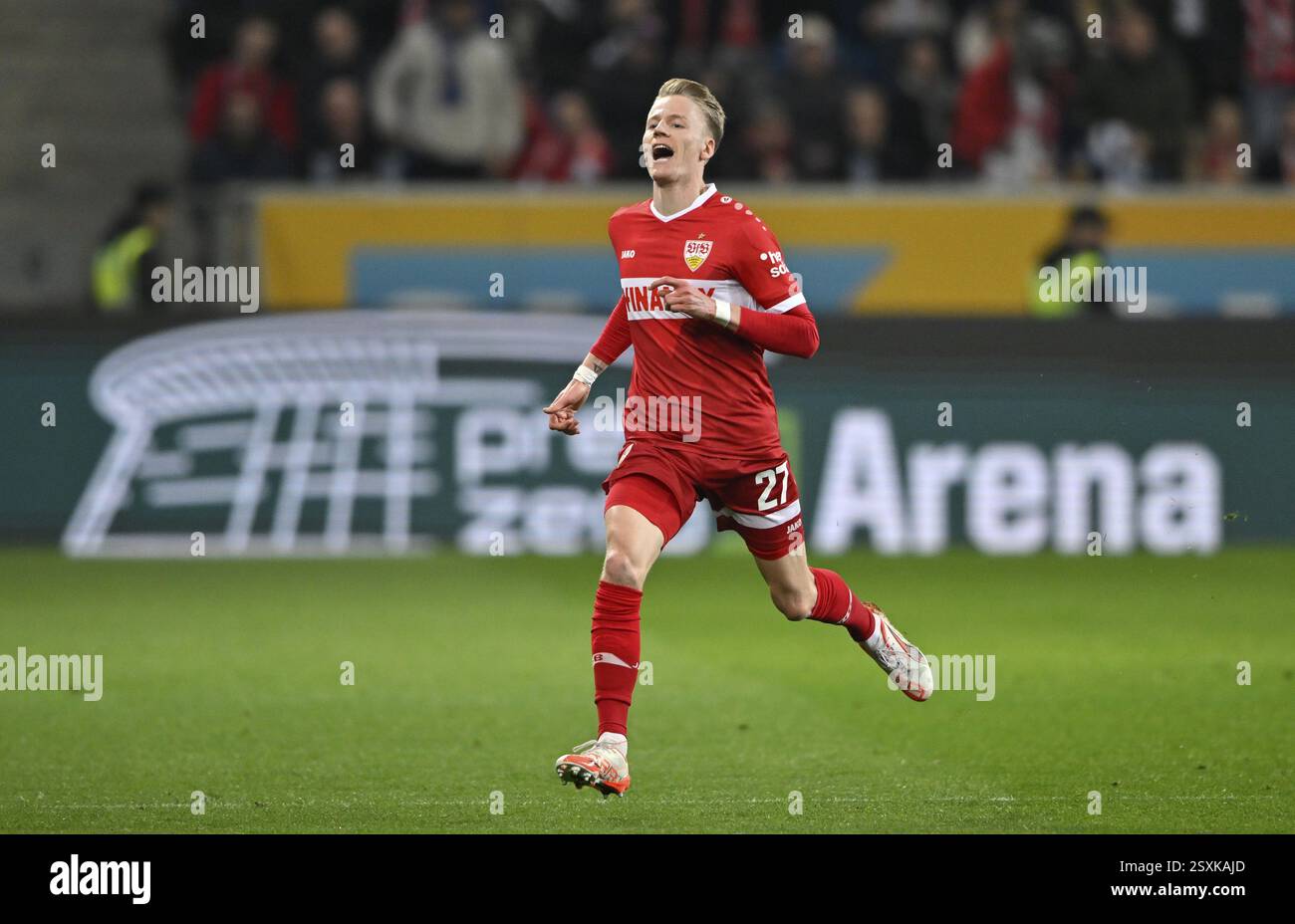 Chris Fuehrich VfB Stuttgart (27) disappointed Logo PreZero Arena, Sinsheim, Baden-Wuerttemberg, Germany, Europe Stock Photo