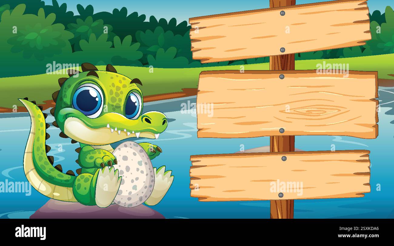 Adorable crocodile holding an egg by a sign Stock Vector Image & Art ...