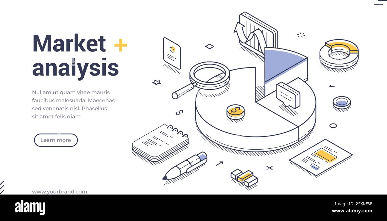 Market analysis isometric web banner template with line art illustration. It includes graphs, charts, and notes, ideal for visual presentations and de Stock Vector