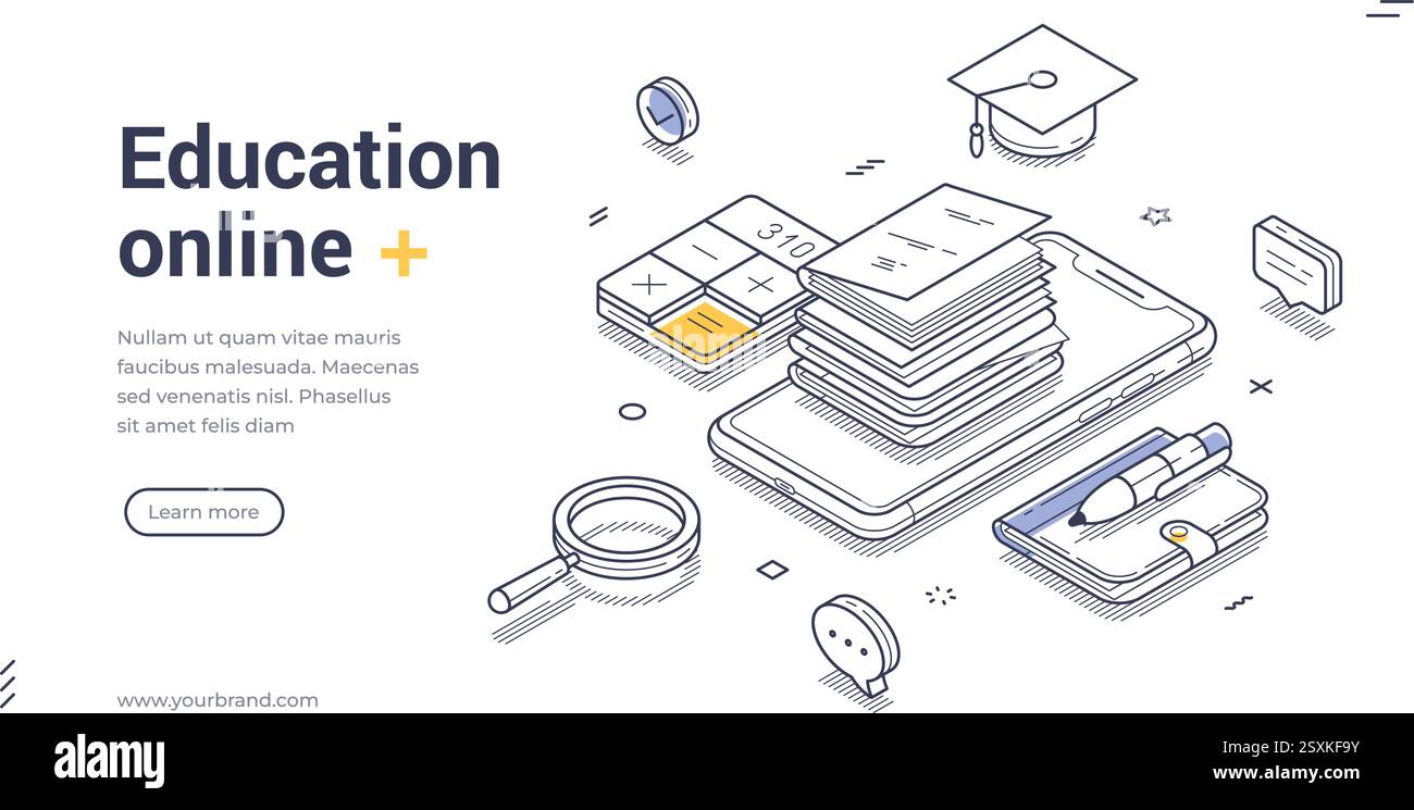 Online education concept web banner template. Elements include books, a smartphone, and study tools, perfect for promoting digital learning platforms. Stock Vector