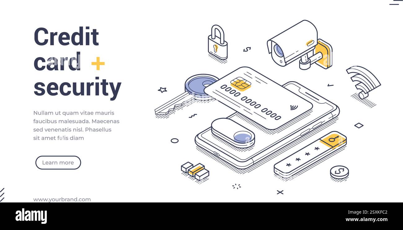 Credit card security web banner template. Elements like a smartphone, lock, and camera portray a modern approach to digital safety. Modern vector isom Stock Vector