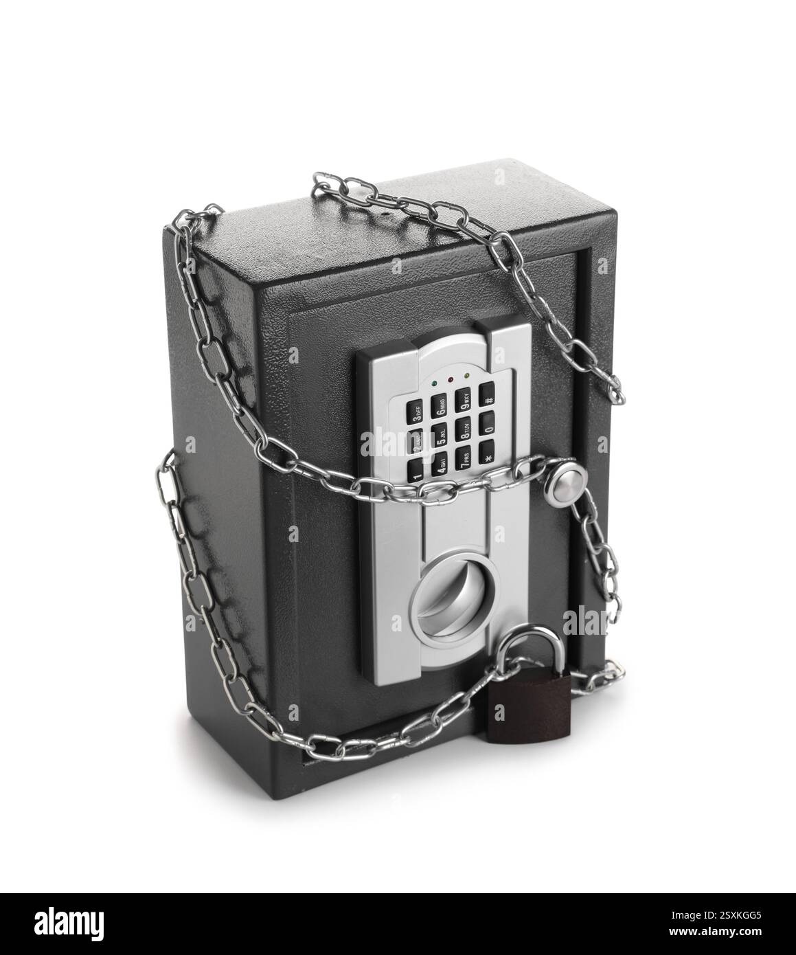 Modern safe box with chain and lock isolated on white background Stock ...