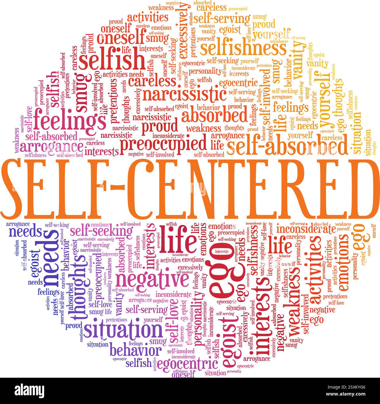 Self-centered vector illustration word cloud isolated on a white background. Stock Vector