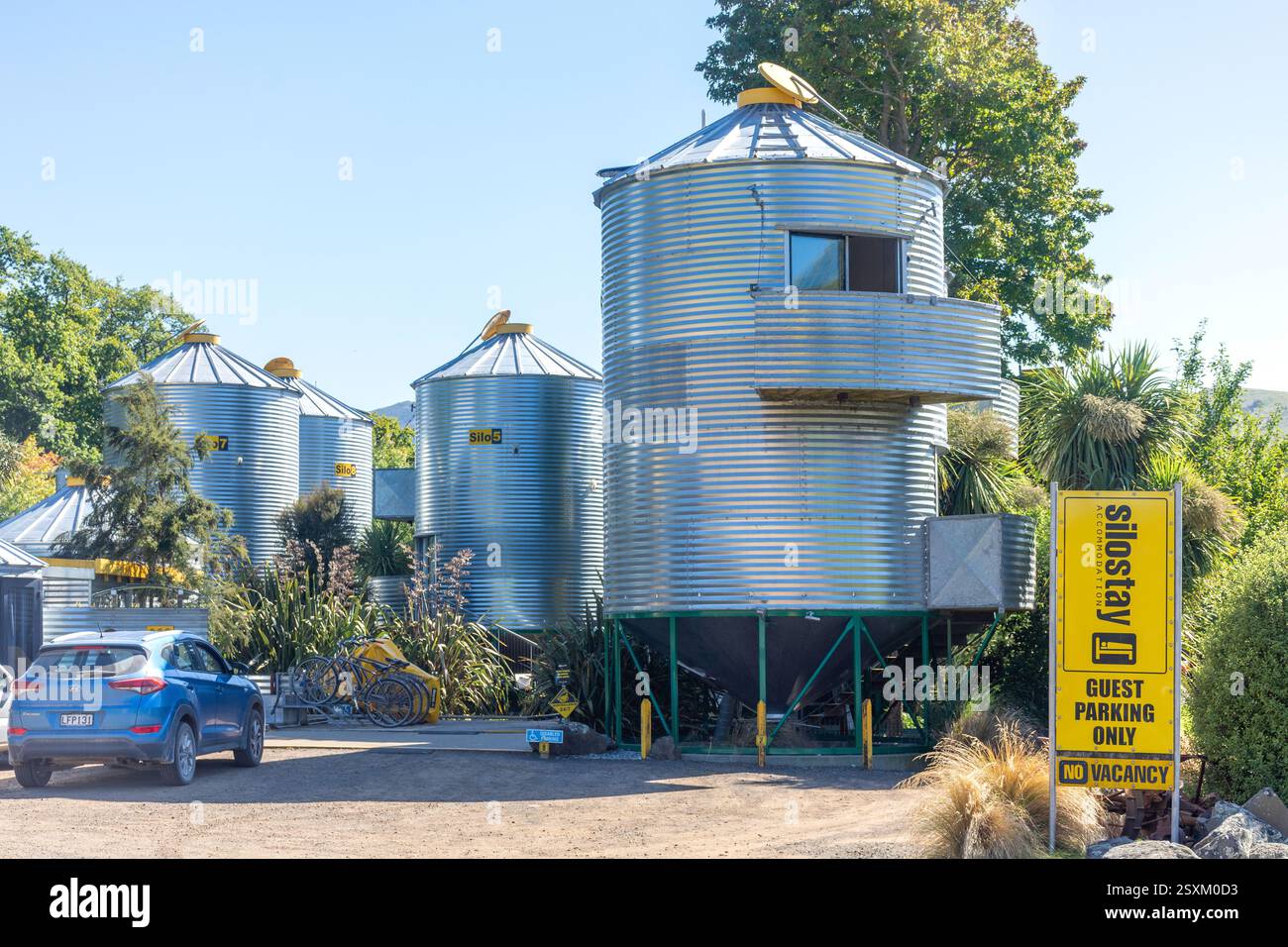 SiloStay grain silo accommodation, State Highway 75, Little River,  Banks Peninsula, Canterbury Region, South Island, New Zealand Stock Photo