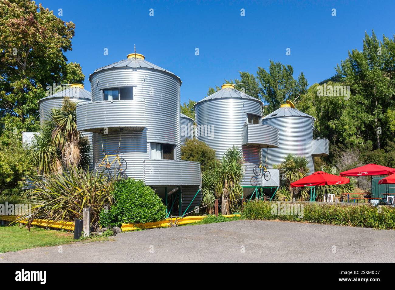 SiloStay grain silo accommodation, State Highway 75, Little River,  Banks Peninsula, Canterbury Region, South Island, New Zealand Stock Photo