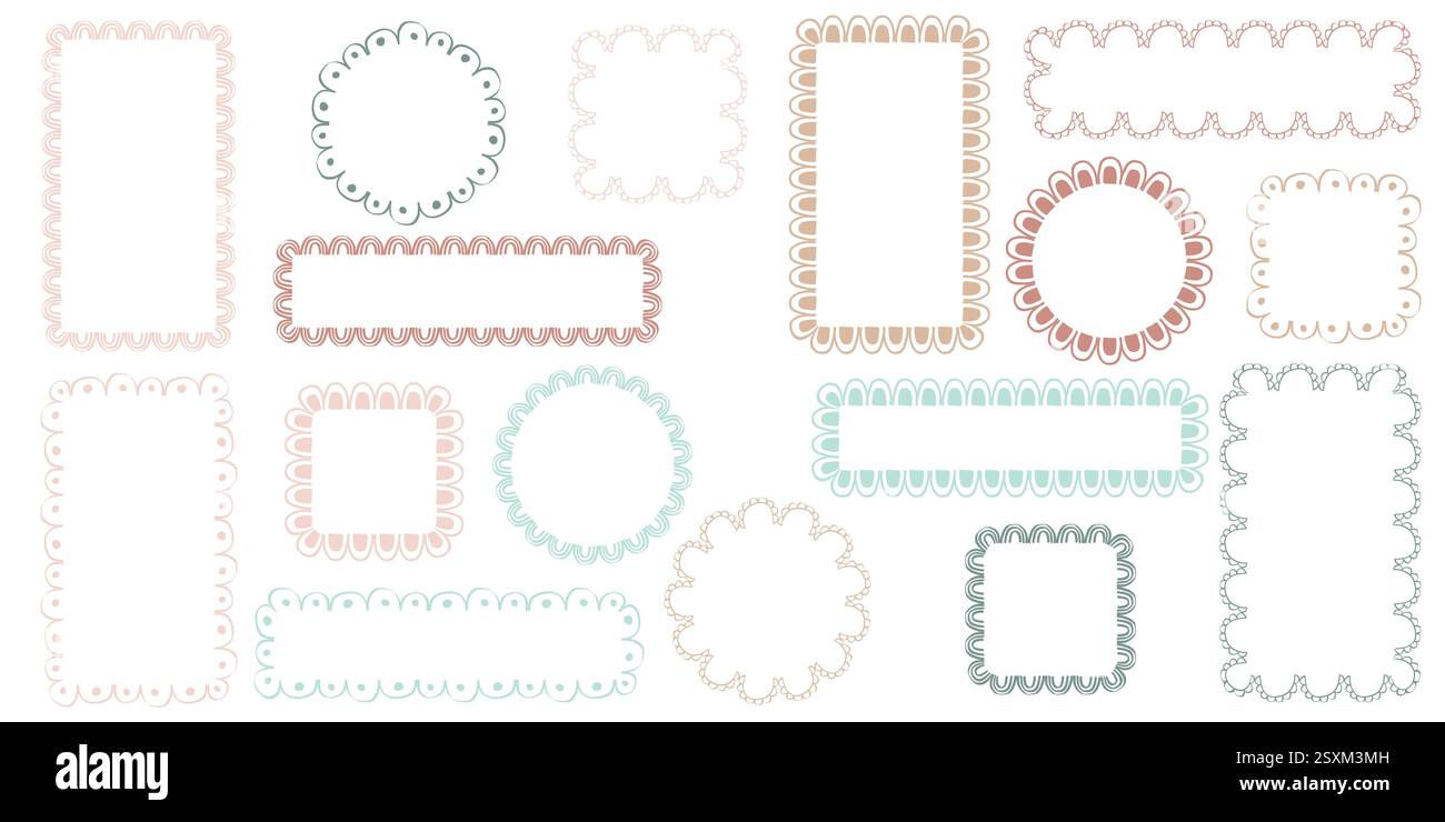 Hand drawn lace scalloped frames. Square, round and rectangle scalloped frames Stock Vector
