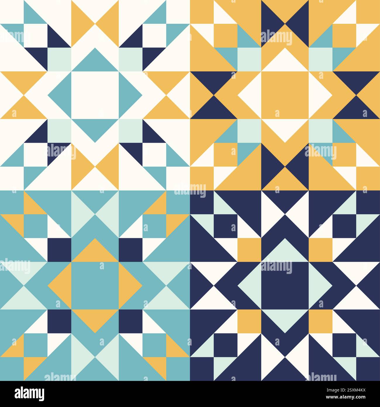 Patchwork style geometric pattern with blue and yellow accents ...