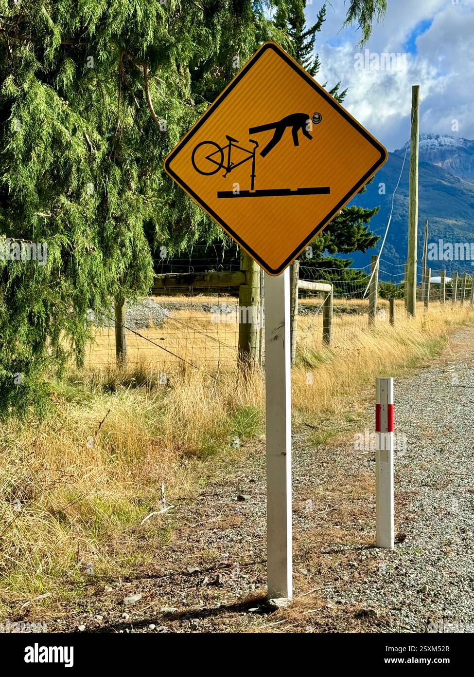 Road sign warning of danger for cyclists on State Highway 6 South Island New Zealand. - Smartphone Captured Stock Image