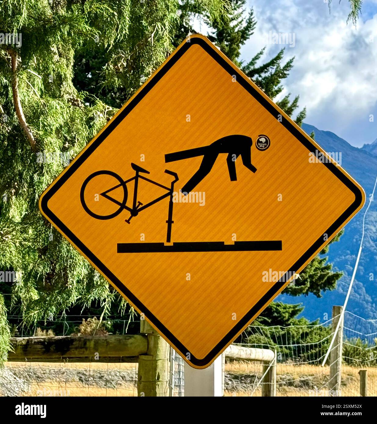 Road sign warning of danger for cyclists on State Highway 6 South Island New Zealand. - Smartphone Captured Stock Image