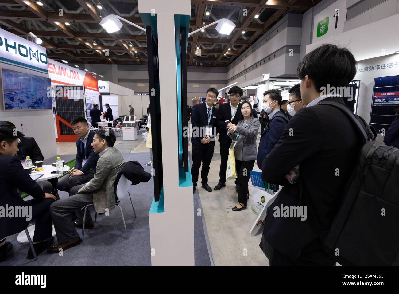 Solar panels on display at Smart Energy Week 2025 in Tokyo Big Sight ...