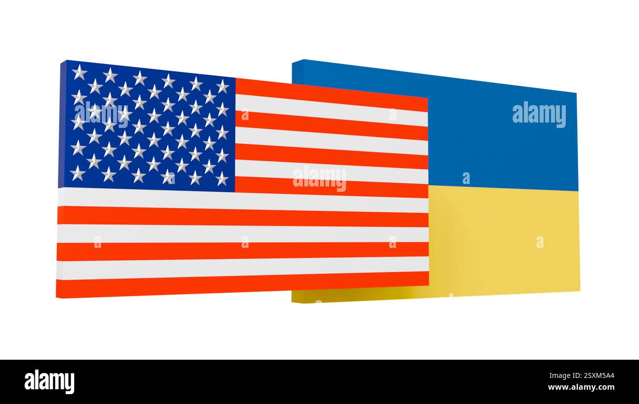 3D model of the flag of America and Ukraine on a white background, flags of two countries, friendship and partnership Stock Photo