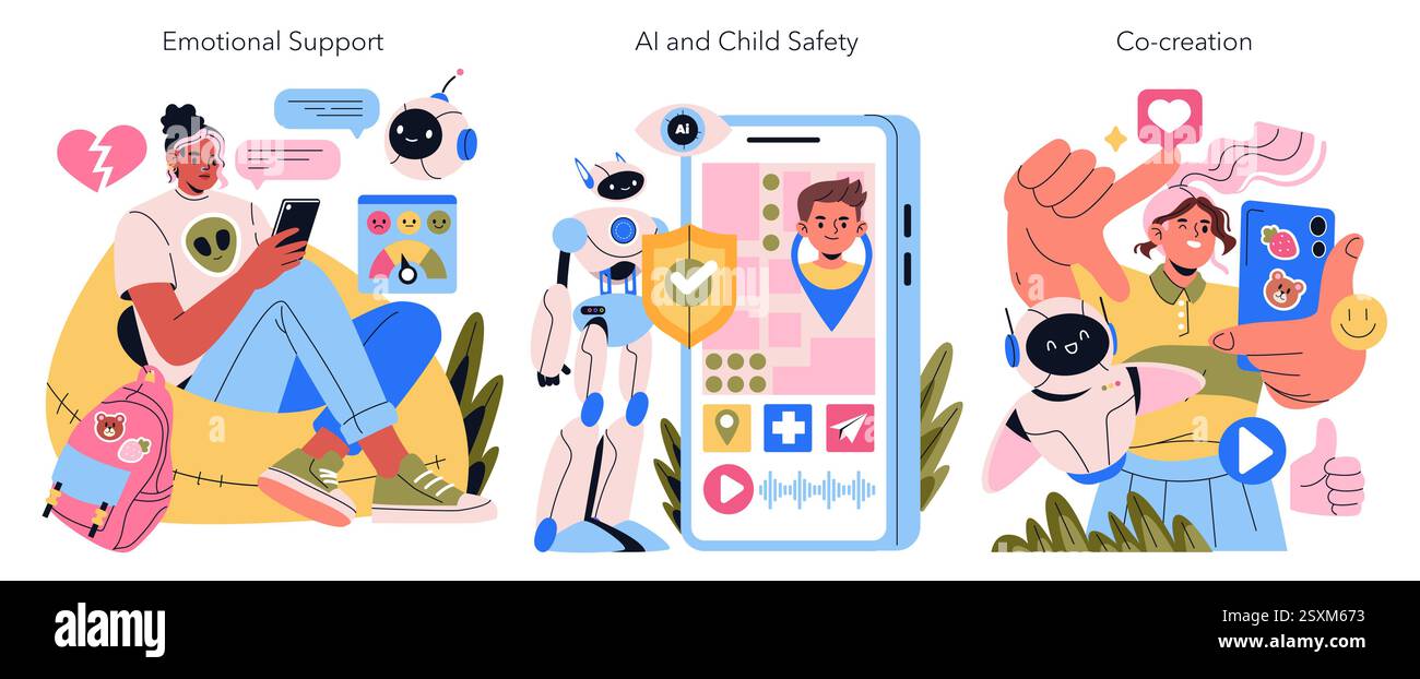 AI Co-Parent illustration. Explores emotional support, child safety with AI, and collaborative creation. Highlights interactions between children and robotic companions in a nurturing environment. Vector illustration. Stock Vector