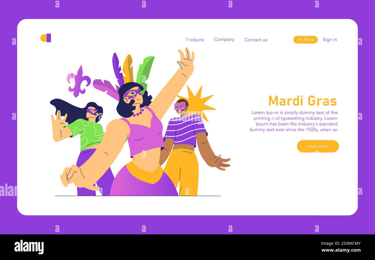 Mardi Gras celebration illustration. Colorful costumes and masks define the spirit of Mardi Gras, showcasing the excitement and joy of the event. Joyous dancing figures symbolize cultural heritage and festival vibrance. Vector illustration. Stock Vector