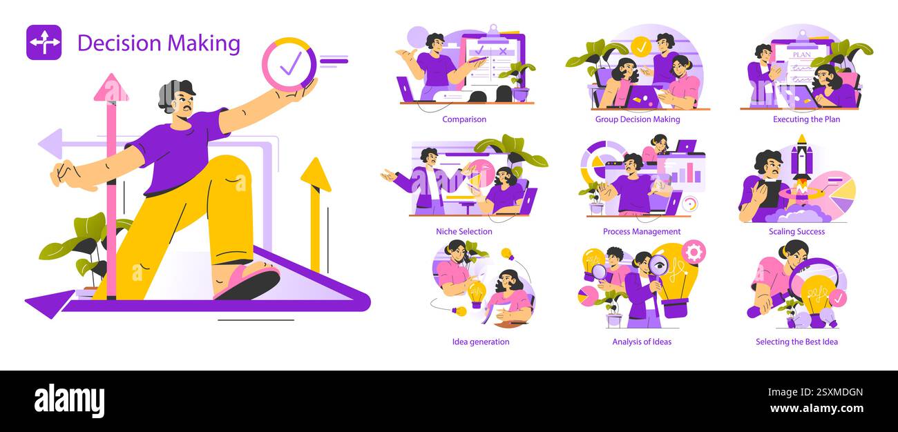 Decision Making illustration. This visual encompasses various stages of ...