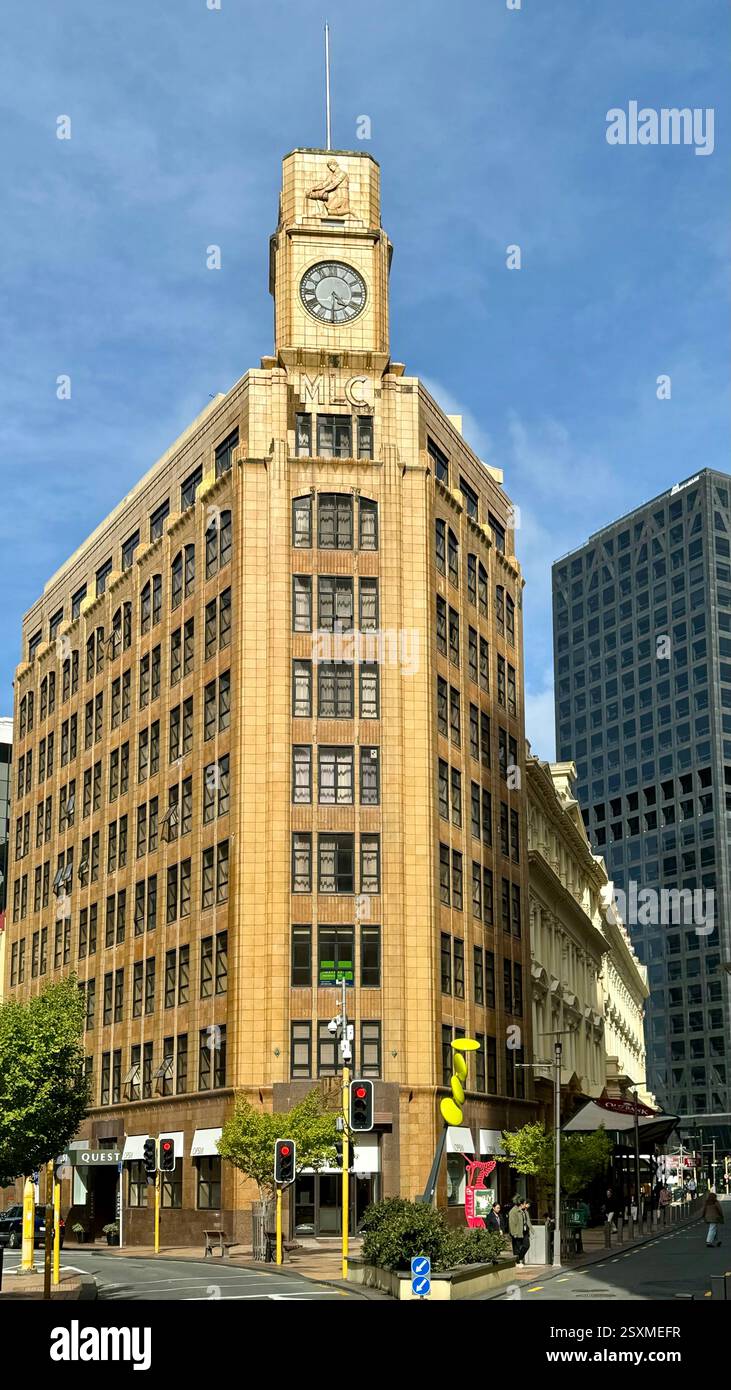 The former Mutual Life & Citizens Assurance Company Building on the corner of Lambton Quay, Hunter St and Featherston St in Wellington, New Zealand - Smartphone Captured Stock Image
