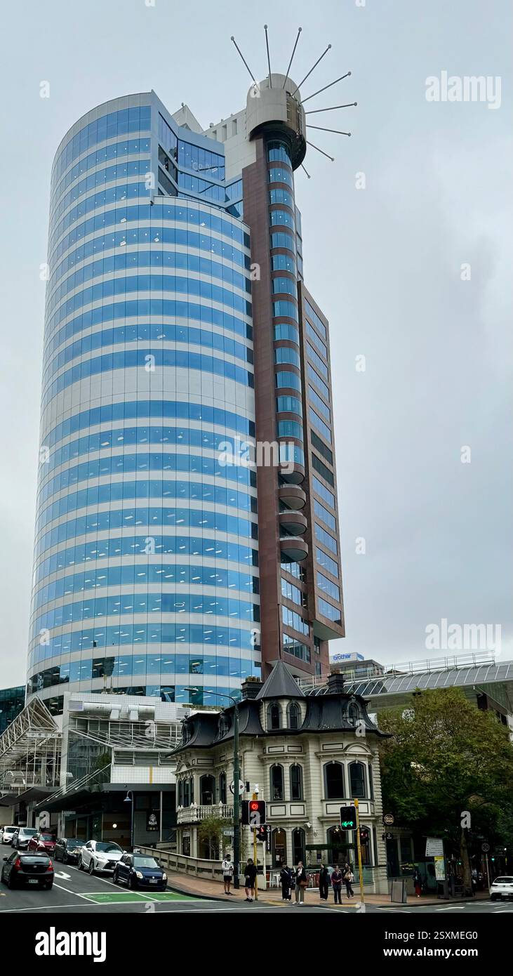 The Majestic Centre, the tallest building in Wellington, designed by Jack Manning, and Dr Pollen's House Wellington New Zealand. - Smartphone Captured Stock Image