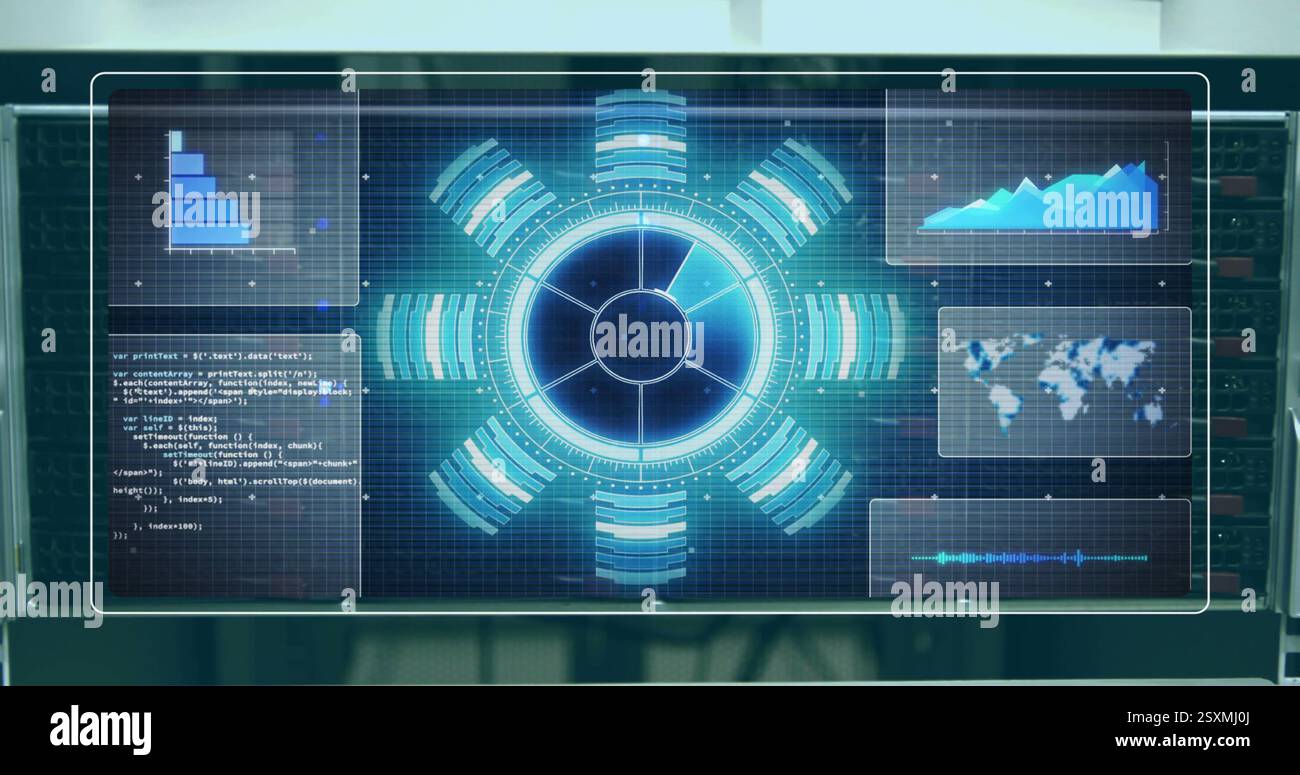 Image of scope scanning and diagrams over server room Stock Photo - Alamy